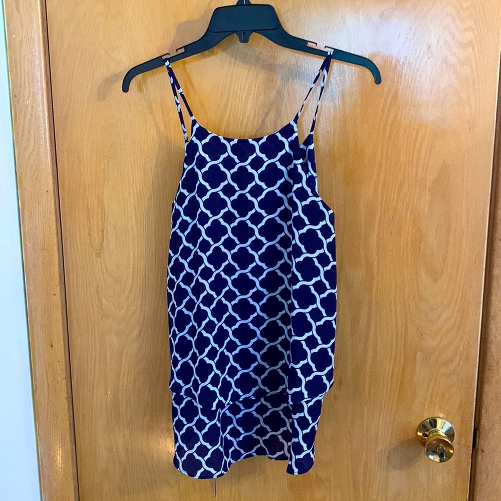 Sheer blue and white flowy spaghetti strap blouse